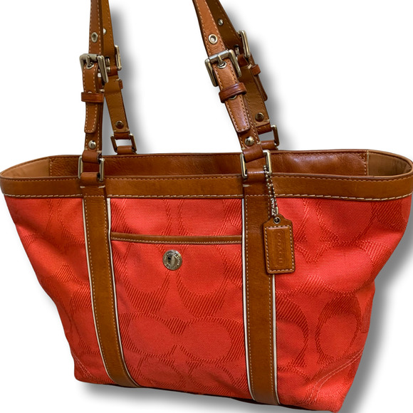 SOLD! COACH Coral Signature Canvas Zip Top Tote w/Brown Leather Trim F13560 - Picture 11 of 12